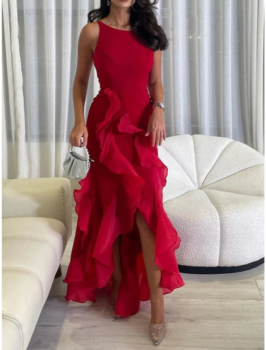 NumberSea - A - Line Evening Gown Elegant Dress Formal Ankle Length Christmas Red Green Dress Sleeveless Scoop Neck Stretch Chiffon with Ruffles Slit