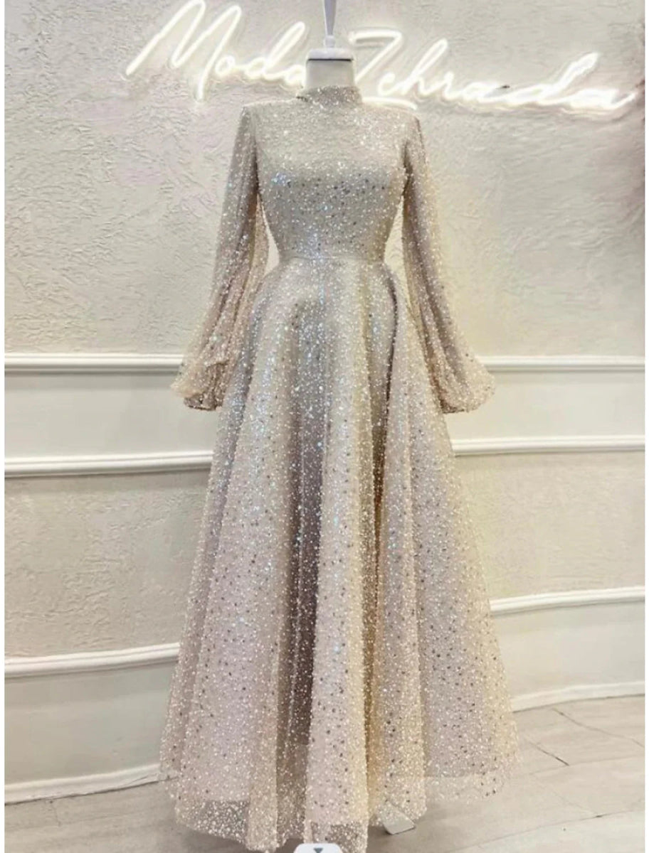 NumberSea - A - Line Evening Gown Elegant Dress Formal Ankle Length Long Sleeve High Neck Sequined with Glitter Pleats