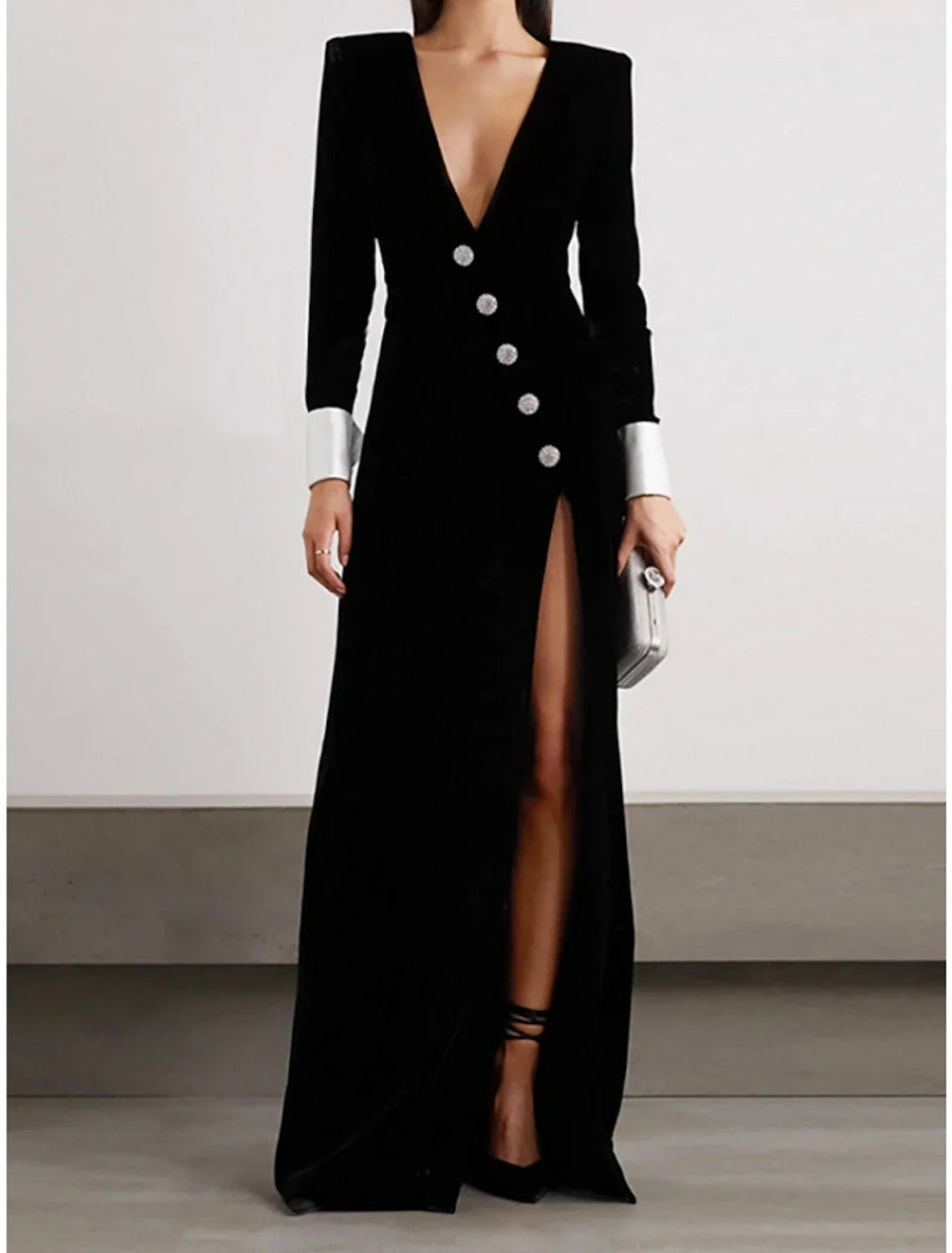 NumberSea - A - Line Evening Gown Elegant Dress Formal Black Dress Floor Length Long Sleeve V Neck Velvet with Buttons Slit