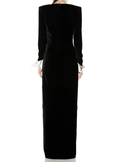 NumberSea - A - Line Evening Gown Elegant Dress Formal Black Dress Floor Length Long Sleeve V Neck Velvet with Buttons Slit