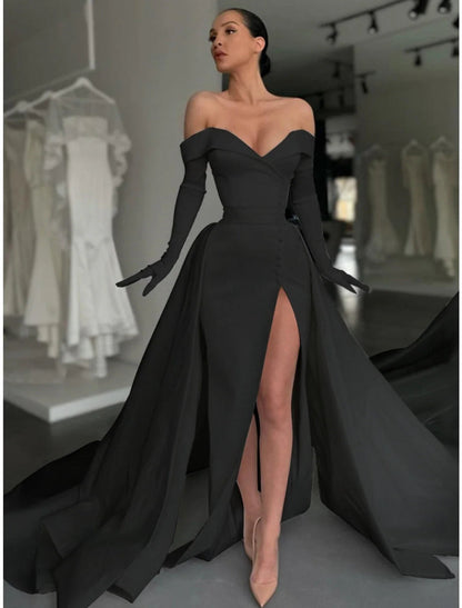 NumberSea - A - Line Evening Gown Elegant Dress Formal Black Dress Plus Size Court Train Long Sleeve Off Shoulder Satin with Buttons Pleats Slit