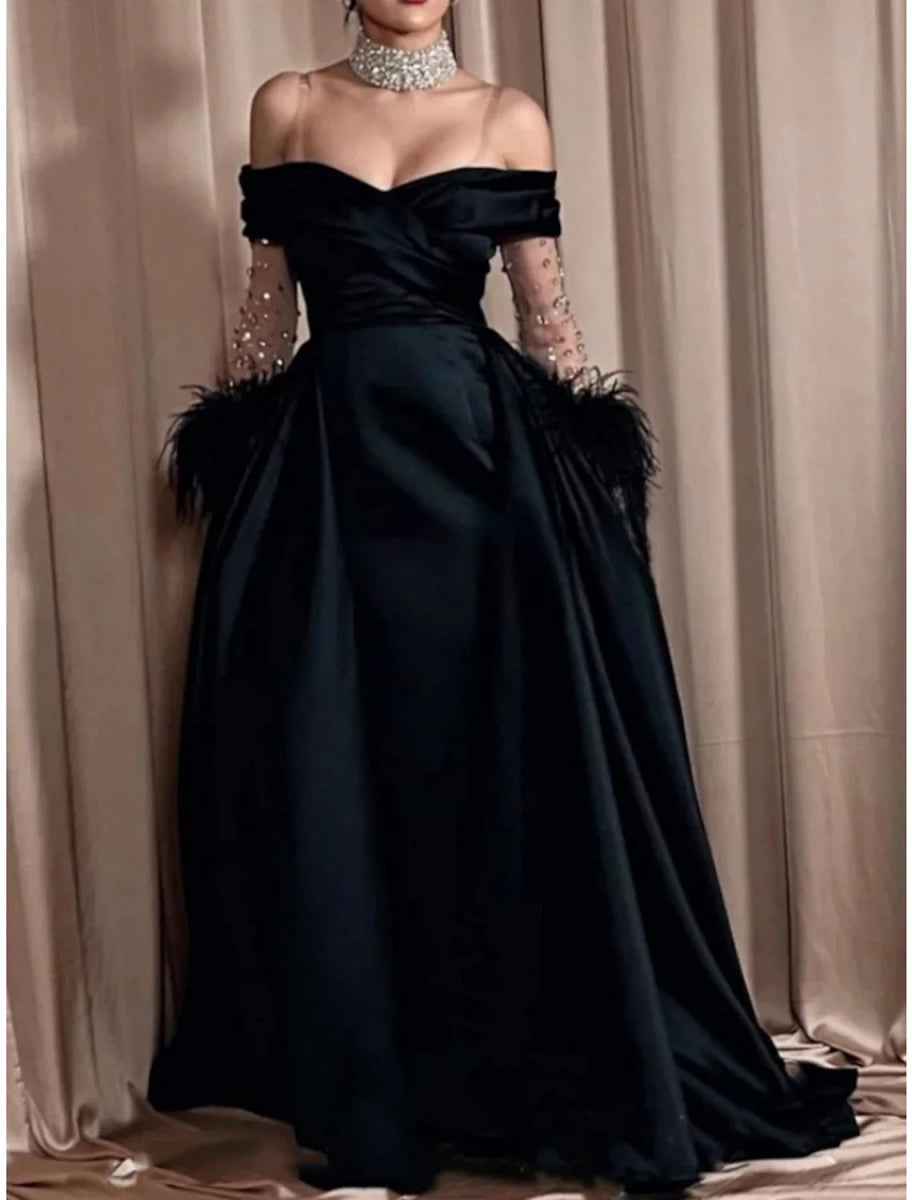 NumberSea - A - Line Evening Gown Elegant Dress Formal Black Dress Sweep / Brush Train Long Sleeve Off Shoulder Satin with Rhinestone Feather Pleats