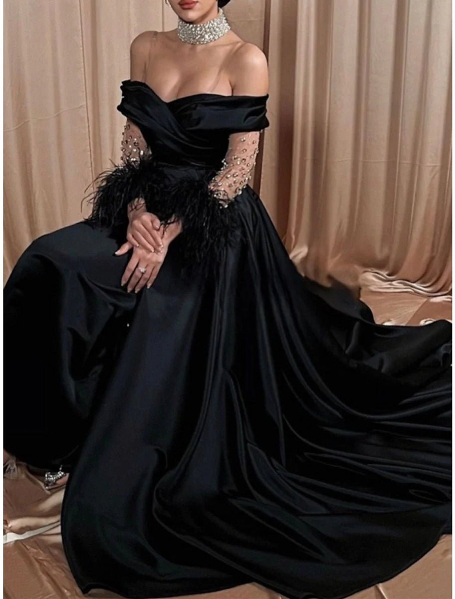 NumberSea - A - Line Evening Gown Elegant Dress Formal Black Dress Sweep / Brush Train Long Sleeve Off Shoulder Satin with Rhinestone Feather Pleats