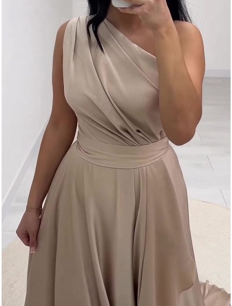 NumberSea - A - Line Evening Gown Elegant Dress Formal Chapel Train Sleeveless One Shoulder Charmeuse with Pleats Slit