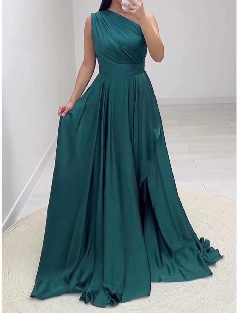 NumberSea - A - Line Evening Gown Elegant Dress Formal Chapel Train Sleeveless One Shoulder Charmeuse with Pleats Slit