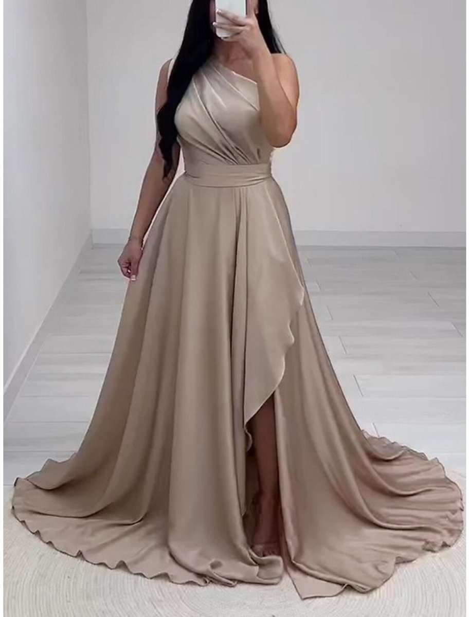 NumberSea - A - Line Evening Gown Elegant Dress Formal Chapel Train Sleeveless One Shoulder Charmeuse with Pleats Slit