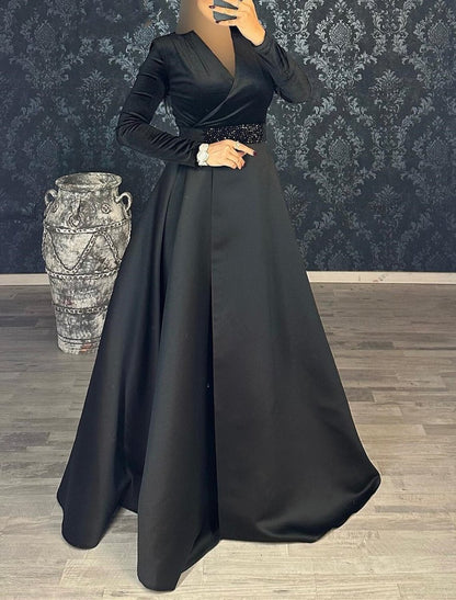 NumberSea - A - Line Evening Gown Elegant Dress Formal Christmas Floor Length Long Sleeve V Neck Satin with Rhinestone Ruched