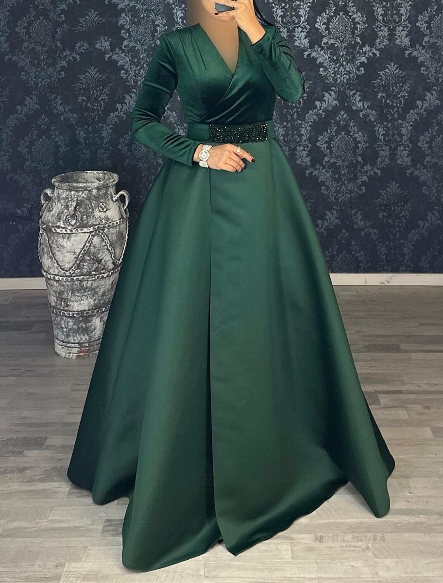 NumberSea - A - Line Evening Gown Elegant Dress Formal Christmas Floor Length Long Sleeve V Neck Satin with Rhinestone Ruched