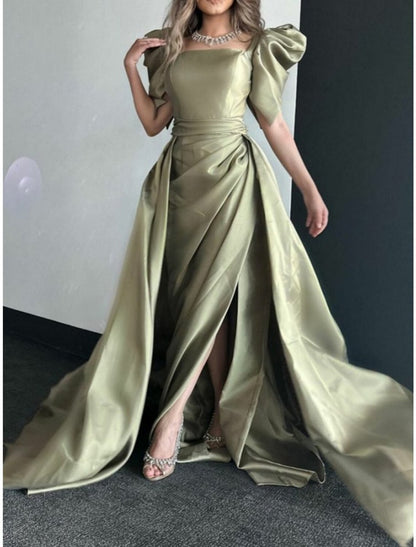 NumberSea - A - Line Evening Gown Elegant Dress Formal Christmas Red Green Dress Court Train Short Sleeve Square Neck Satin with Pleats Ruched Slit