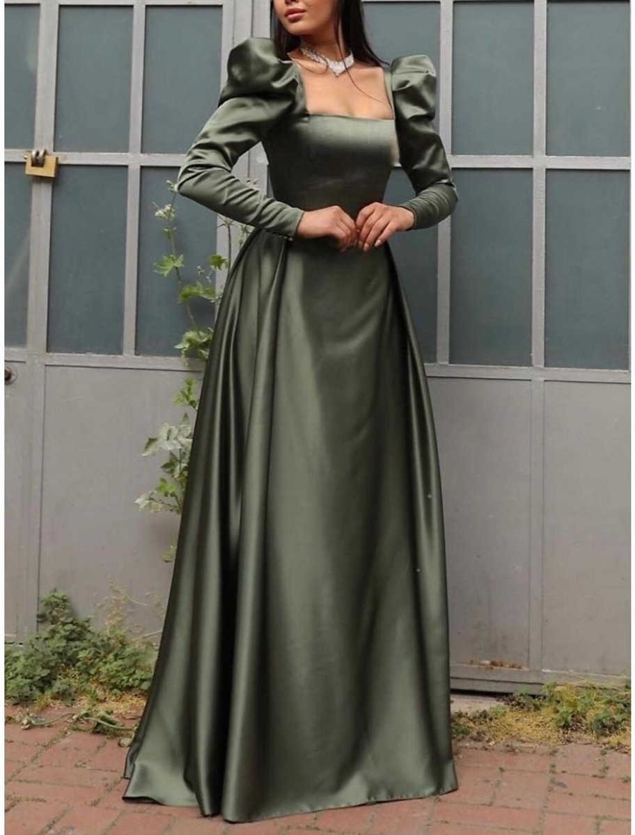 NumberSea - A - Line Evening Gown Elegant Dress Formal Christmas Red Green Dress Sweep / Brush Train Long Sleeve Square Neck Satin with Pleats Ruched