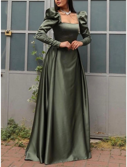 NumberSea - A - Line Evening Gown Elegant Dress Formal Christmas Red Green Dress Sweep / Brush Train Long Sleeve Square Neck Satin with Pleats Ruched