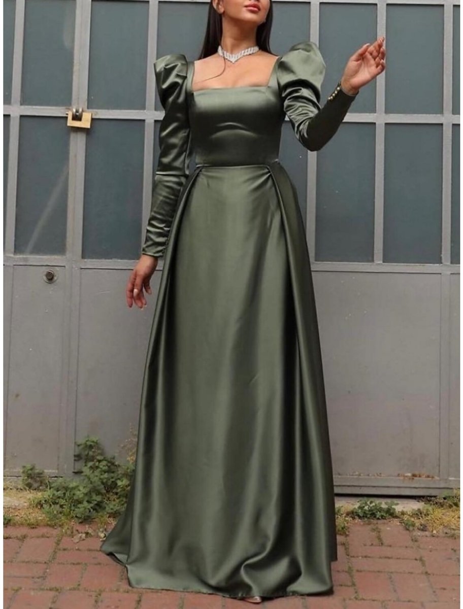 NumberSea - A - Line Evening Gown Elegant Dress Formal Christmas Red Green Dress Sweep / Brush Train Long Sleeve Square Neck Satin with Pleats Ruched