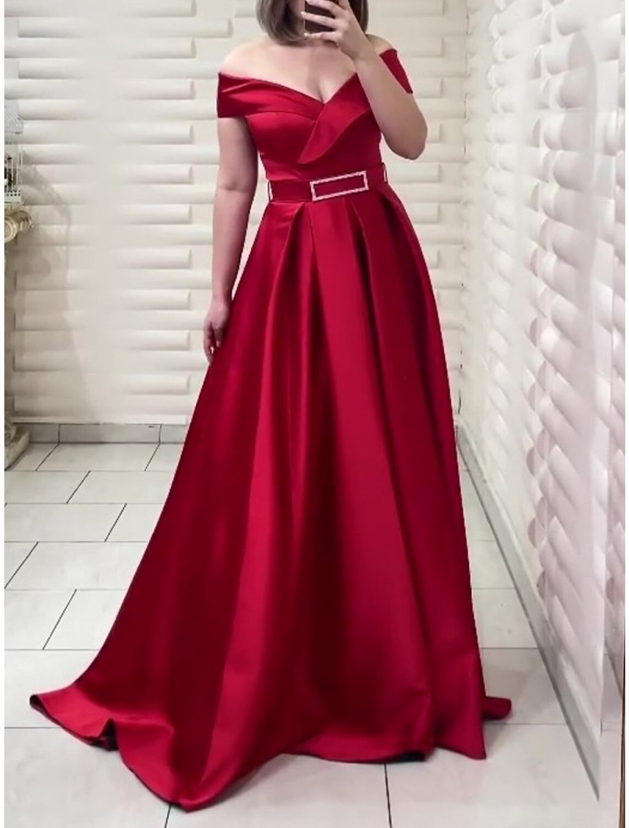 NumberSea - A - Line Evening Gown Elegant Dress Formal Christmas Red Green Dress Sweep / Brush Train Short Sleeve Off Shoulder Satin with Pleats Crystals