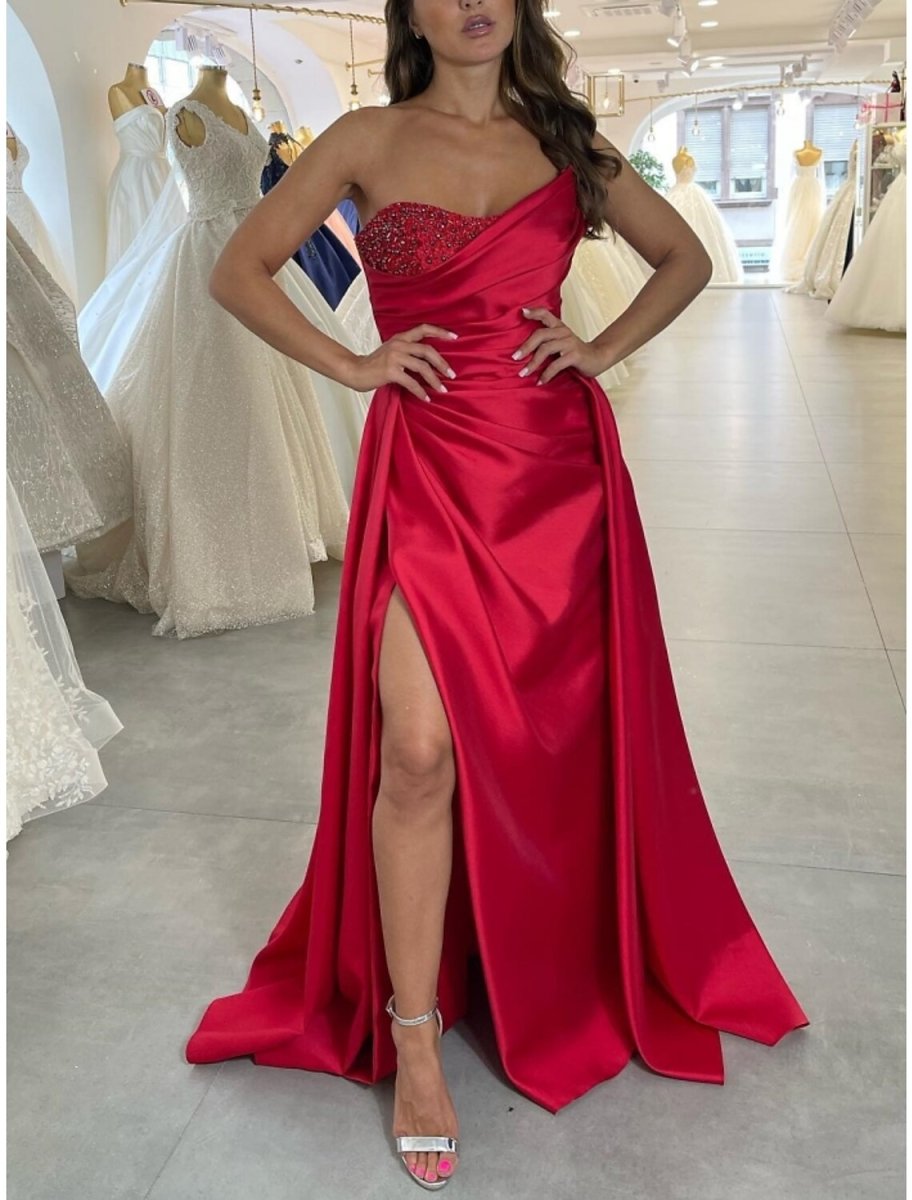 NumberSea - A - Line Evening Gown Elegant Dress Formal Christmas Red Green Dress Sweep / Brush Train Sleeveless Strapless Satin with Pleats Ruched Beading