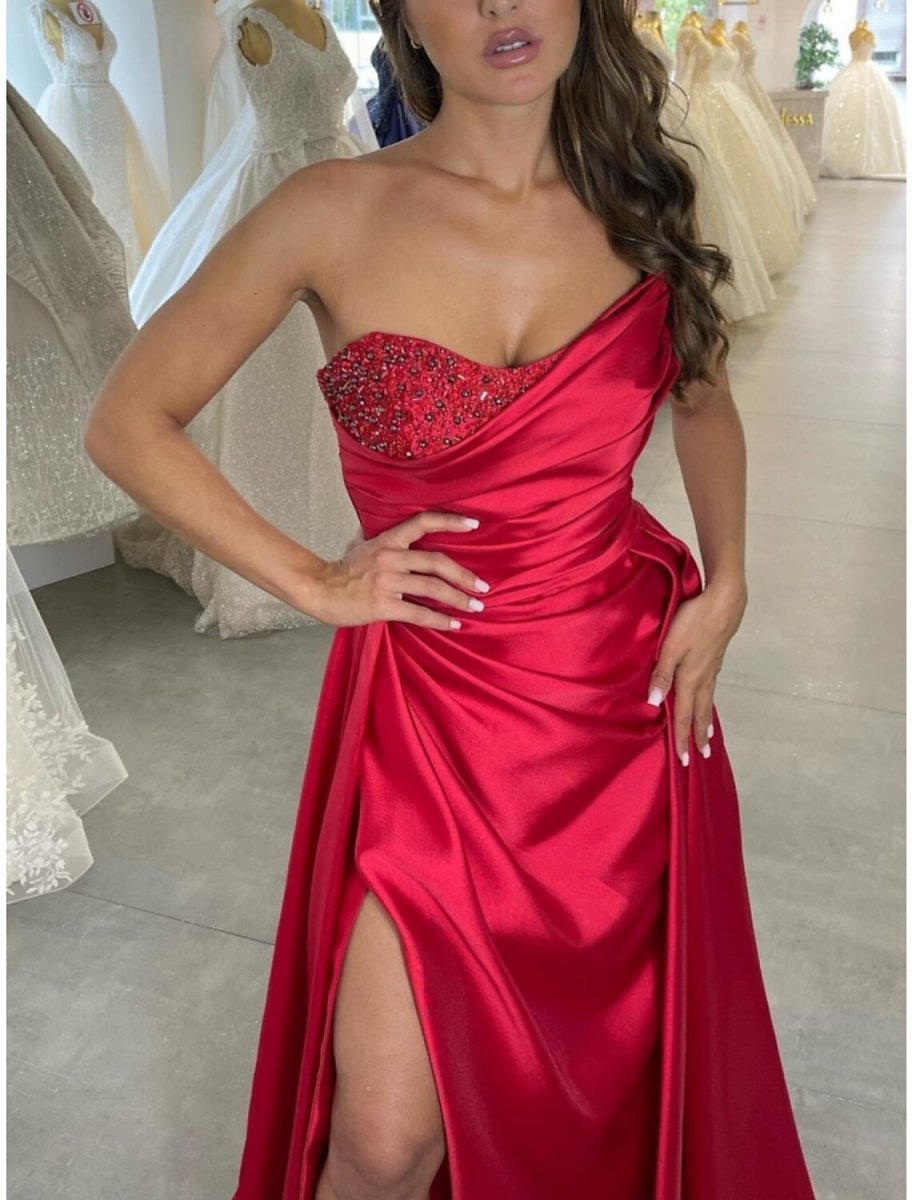 NumberSea - A - Line Evening Gown Elegant Dress Formal Christmas Red Green Dress Sweep / Brush Train Sleeveless Strapless Satin with Pleats Ruched Beading