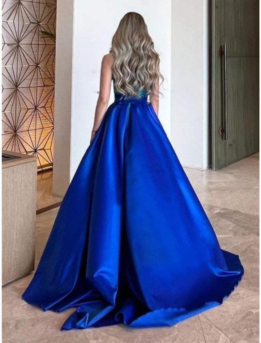 NumberSea - A - Line Evening Gown Elegant Dress Formal Court Train Sleeveless Halter Neck Satin with Pleats