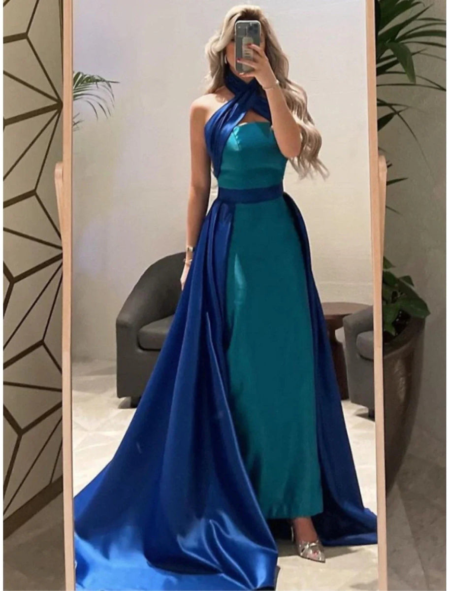 NumberSea - A - Line Evening Gown Elegant Dress Formal Court Train Sleeveless Halter Neck Satin with Pleats