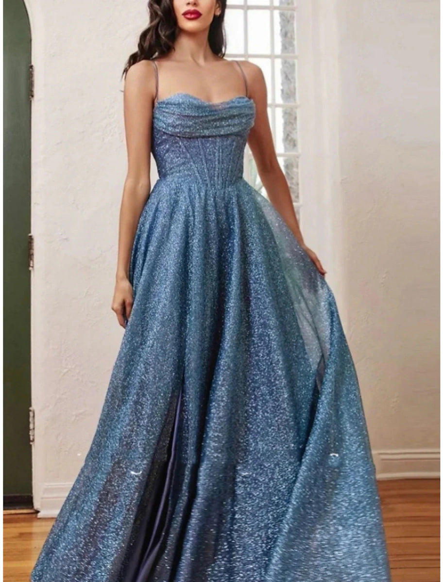 NumberSea - A - Line Evening Gown Elegant Dress Formal Court Train Sleeveless Spaghetti Strap Sequined with Glitter Pleats Ruched