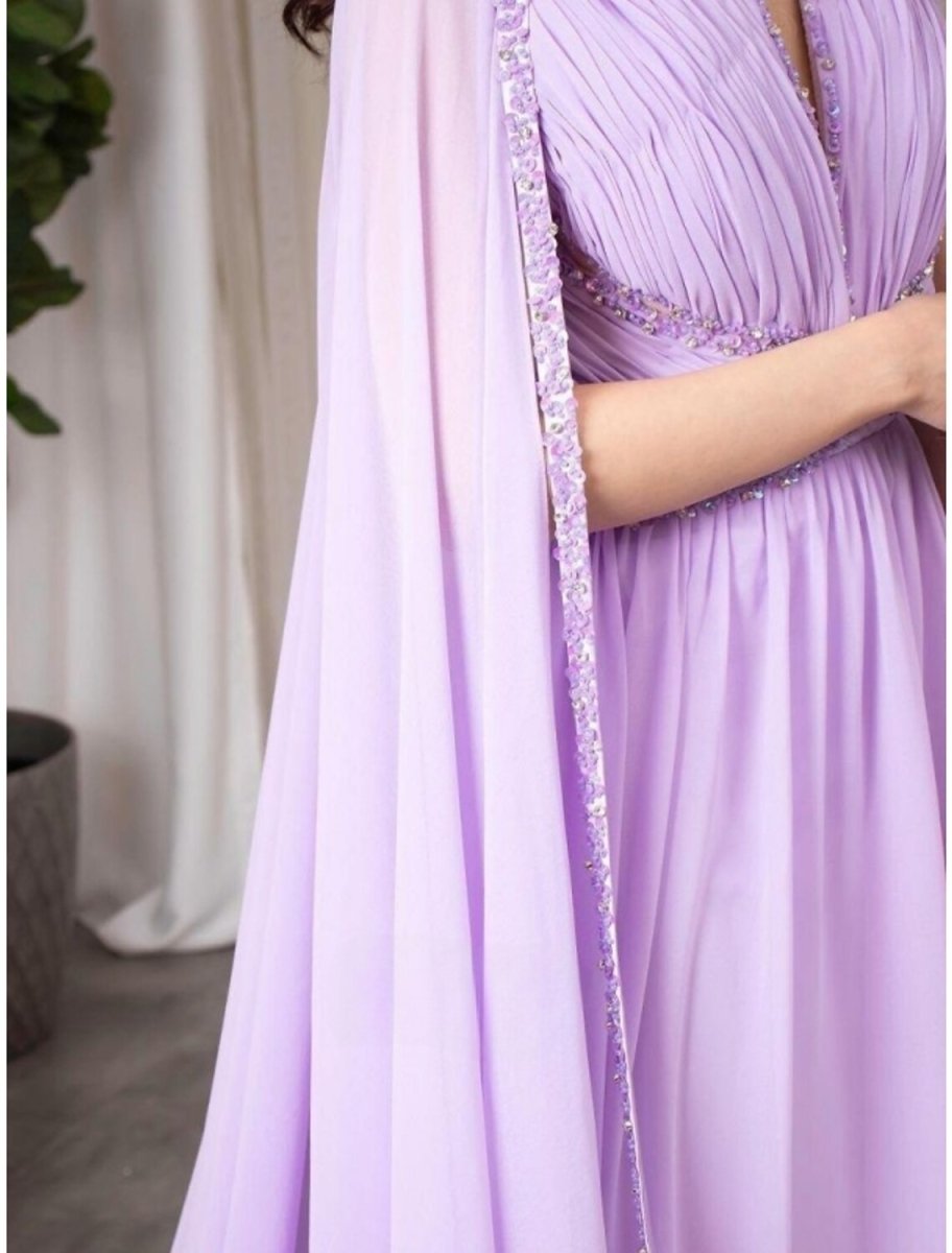 NumberSea - A - Line Evening Gown Elegant Dress Formal Fall Court Train Long Sleeve V Neck Chiffon with Pleats Sequin