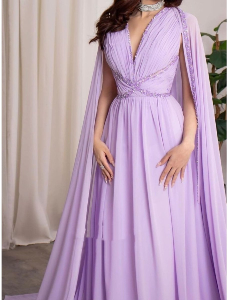 NumberSea - A - Line Evening Gown Elegant Dress Formal Fall Court Train Long Sleeve V Neck Chiffon with Pleats Sequin