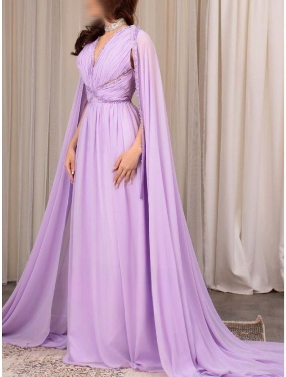 NumberSea - A - Line Evening Gown Elegant Dress Formal Fall Court Train Long Sleeve V Neck Chiffon with Pleats Sequin