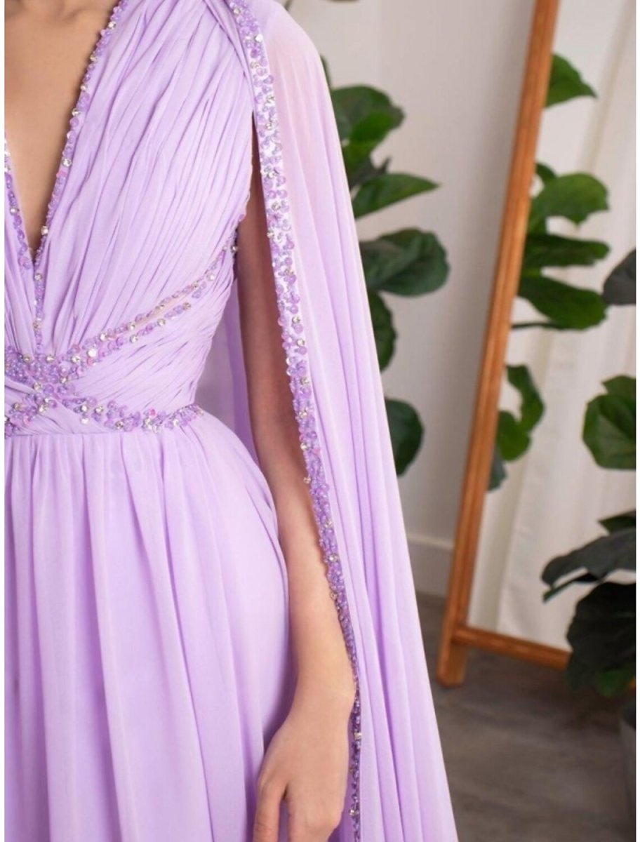 NumberSea - A - Line Evening Gown Elegant Dress Formal Fall Court Train Long Sleeve V Neck Chiffon with Pleats Sequin