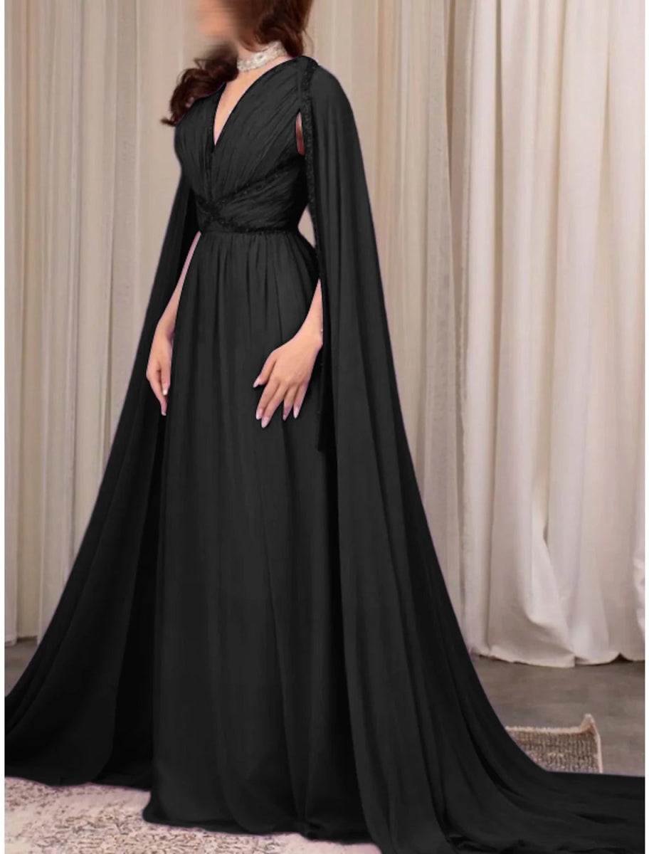 NumberSea - A - Line Evening Gown Elegant Dress Formal Fall Court Train Long Sleeve V Neck Chiffon with Pleats Sequin