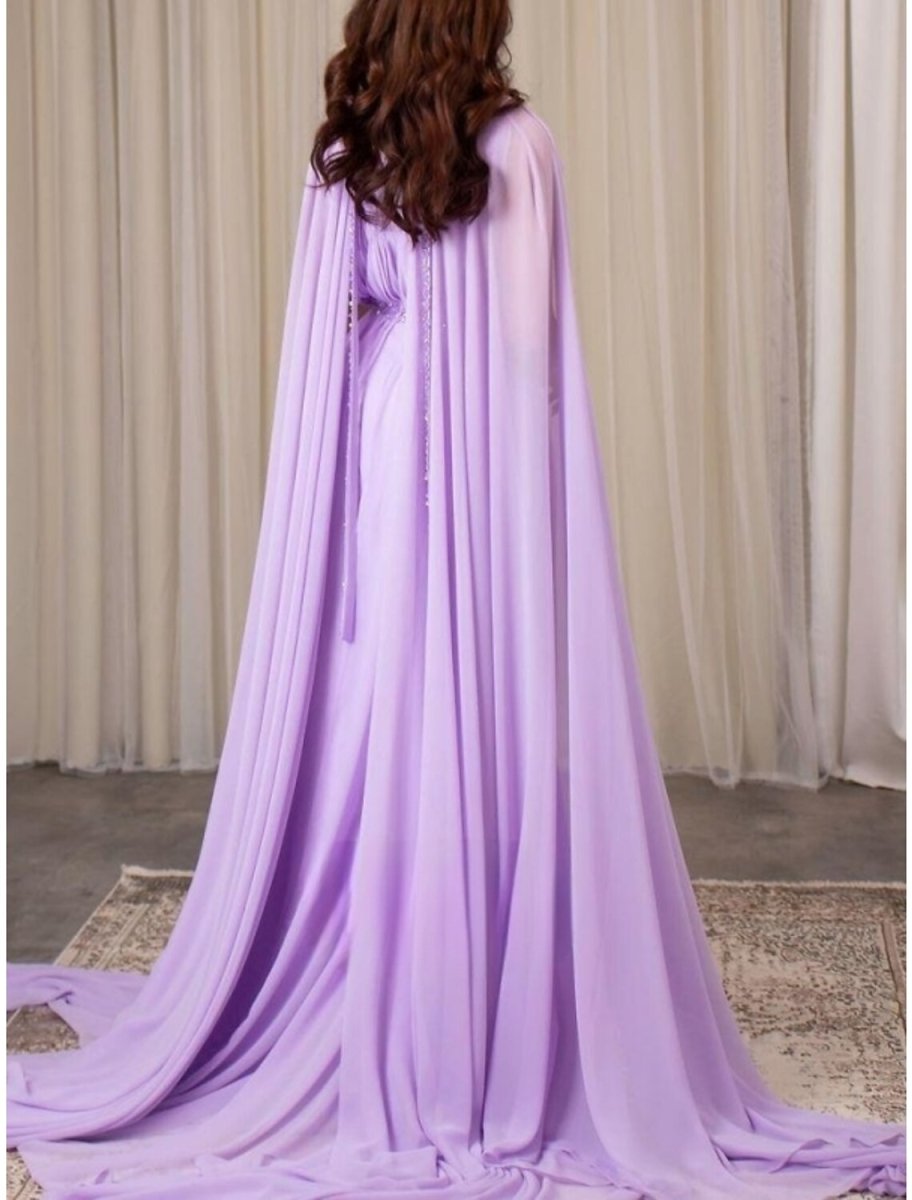 NumberSea - A - Line Evening Gown Elegant Dress Formal Fall Court Train Long Sleeve V Neck Chiffon with Pleats Sequin