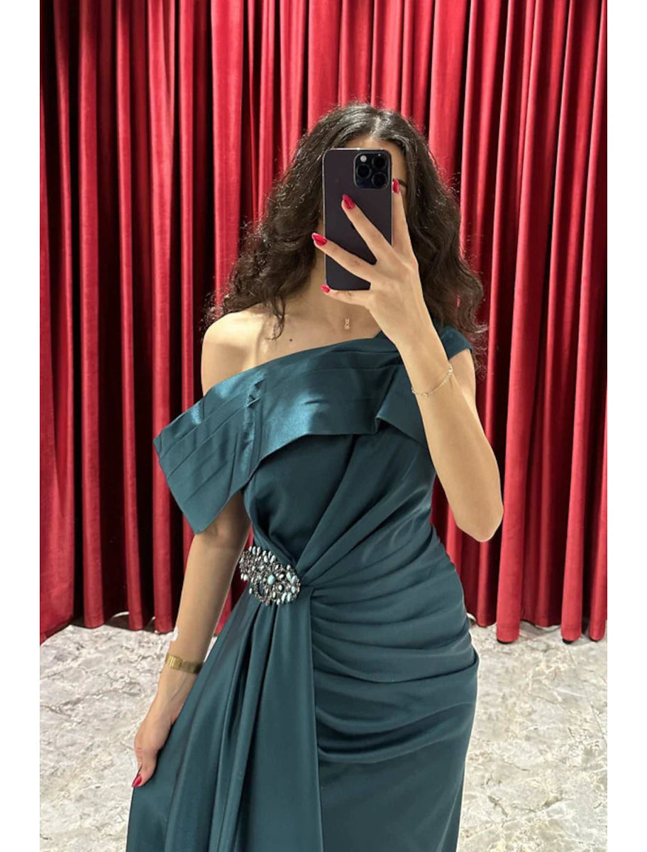 NumberSea - A - Line Evening Gown Elegant Dress Formal Fall Sweep / Brush Train Short Sleeve One Shoulder Satin with Ruched Slit