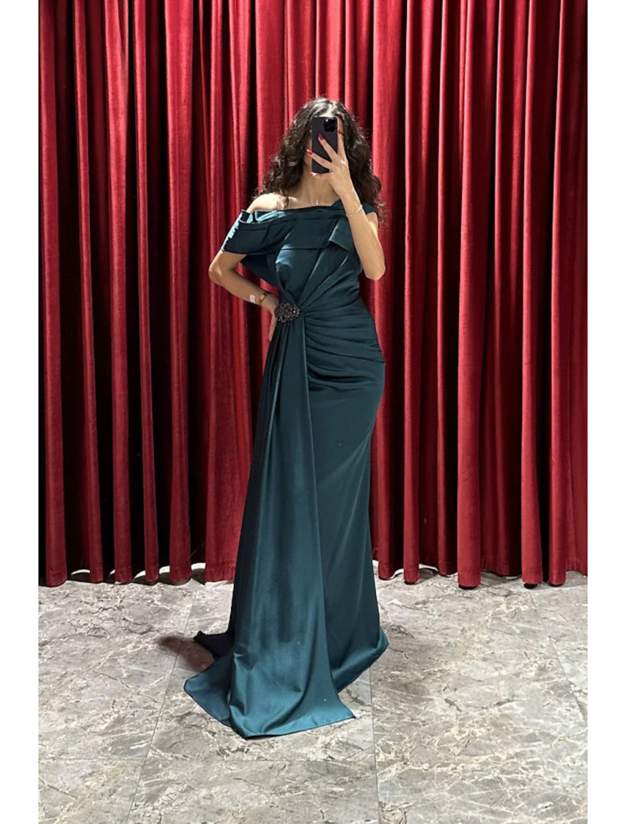 NumberSea - A - Line Evening Gown Elegant Dress Formal Fall Sweep / Brush Train Short Sleeve One Shoulder Satin with Ruched Slit