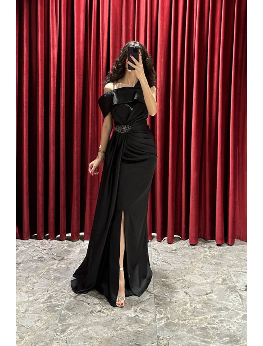 NumberSea - A - Line Evening Gown Elegant Dress Formal Fall Sweep / Brush Train Short Sleeve One Shoulder Satin with Ruched Slit