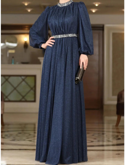 NumberSea - A - Line Evening Gown Elegant Dress Formal Floor Length Long Sleeve Jewel Neck Lurex Fabric with Rhinestone Pleats