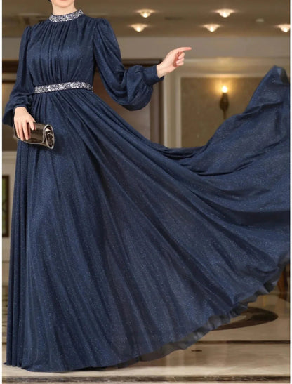 NumberSea - A - Line Evening Gown Elegant Dress Formal Floor Length Long Sleeve Jewel Neck Lurex Fabric with Rhinestone Pleats