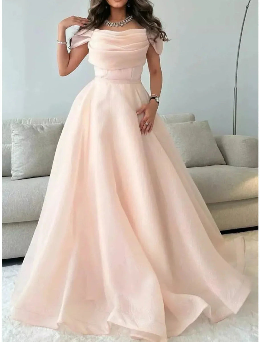 NumberSea - A - Line Evening Gown Elegant Dress Formal Floor Length Short Sleeve Off Shoulder Tulle with Pleats Ruched