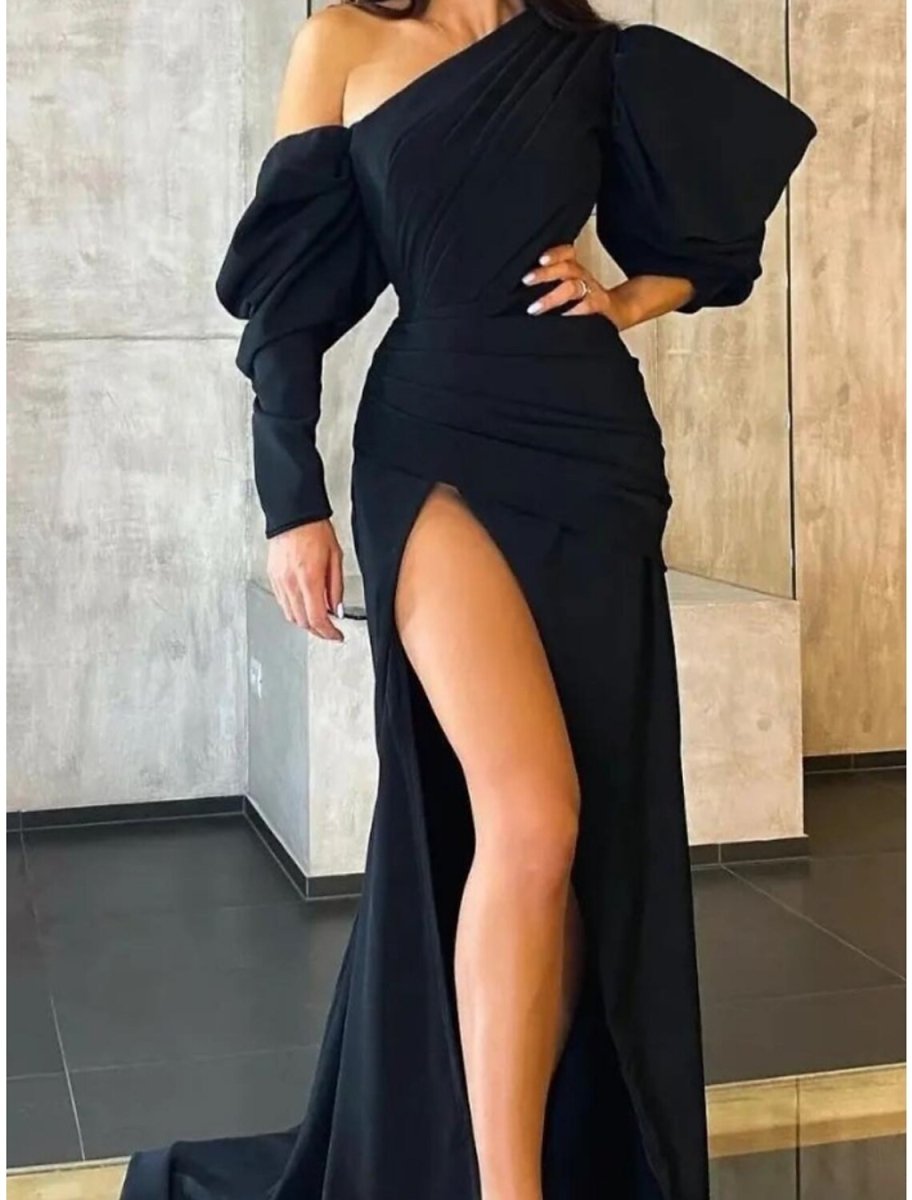 NumberSea - A - Line Evening Gown Elegant Dress Formal Sweep / Brush Train Black Dress Long Sleeve One Shoulder Satin with Pleats Ruched Slit