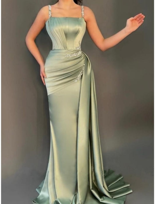 NumberSea - A - Line Evening Gown Elegant Dress Formal Sweep / Brush Train Christmas Red Green Dress Sleeveless Spaghetti Strap Satin with Pleats Ruched Crystals