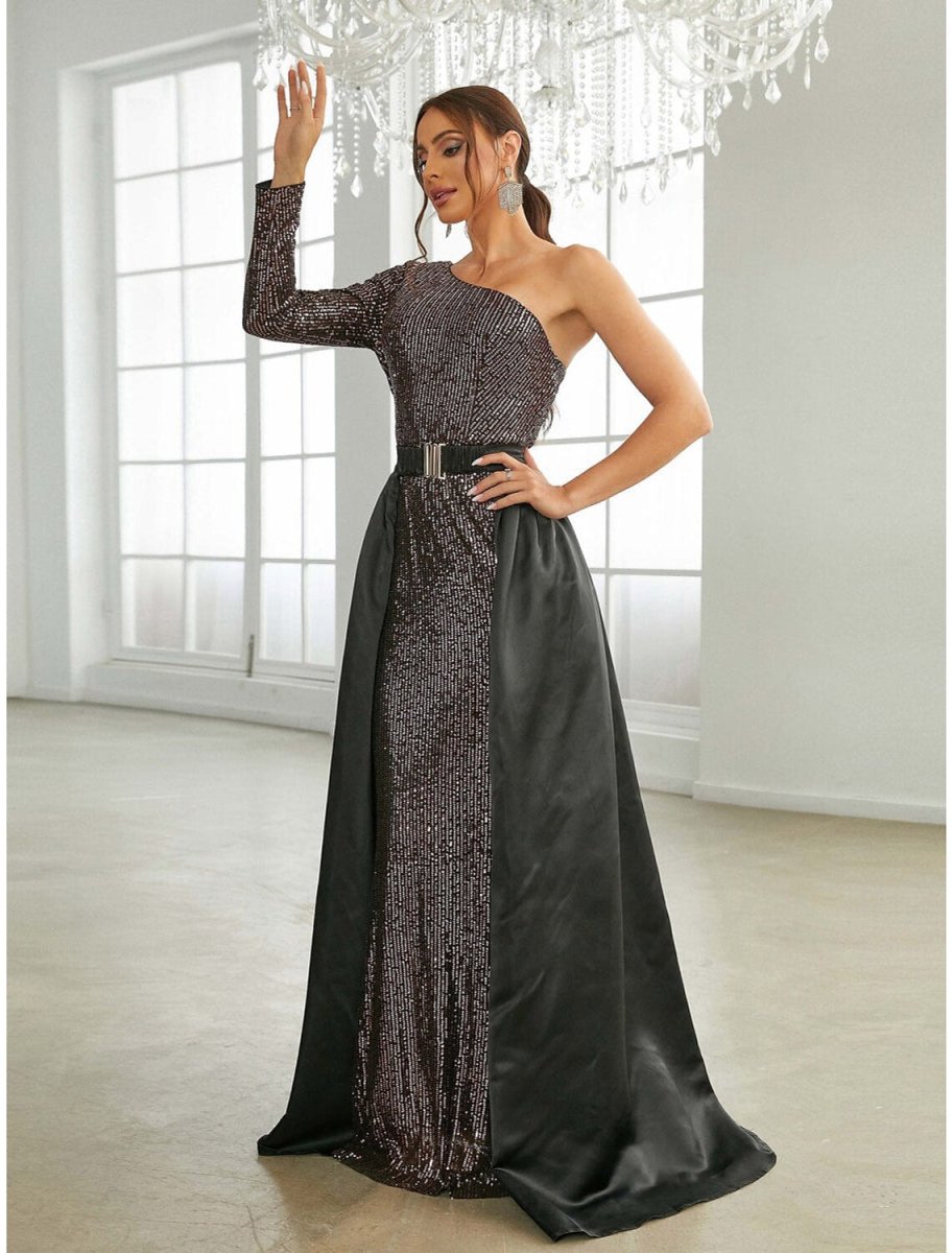 NumberSea - A - Line Evening Gown Elegant Dress Formal Sweep / Brush Train Long Sleeve One Shoulder Sequined with Glitter Pleats