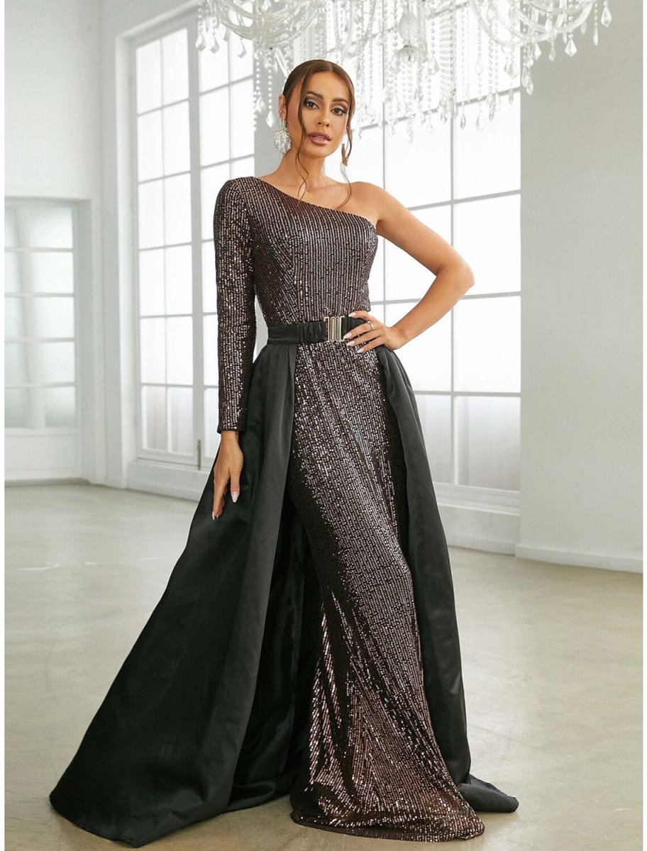 NumberSea - A - Line Evening Gown Elegant Dress Formal Sweep / Brush Train Long Sleeve One Shoulder Sequined with Glitter Pleats