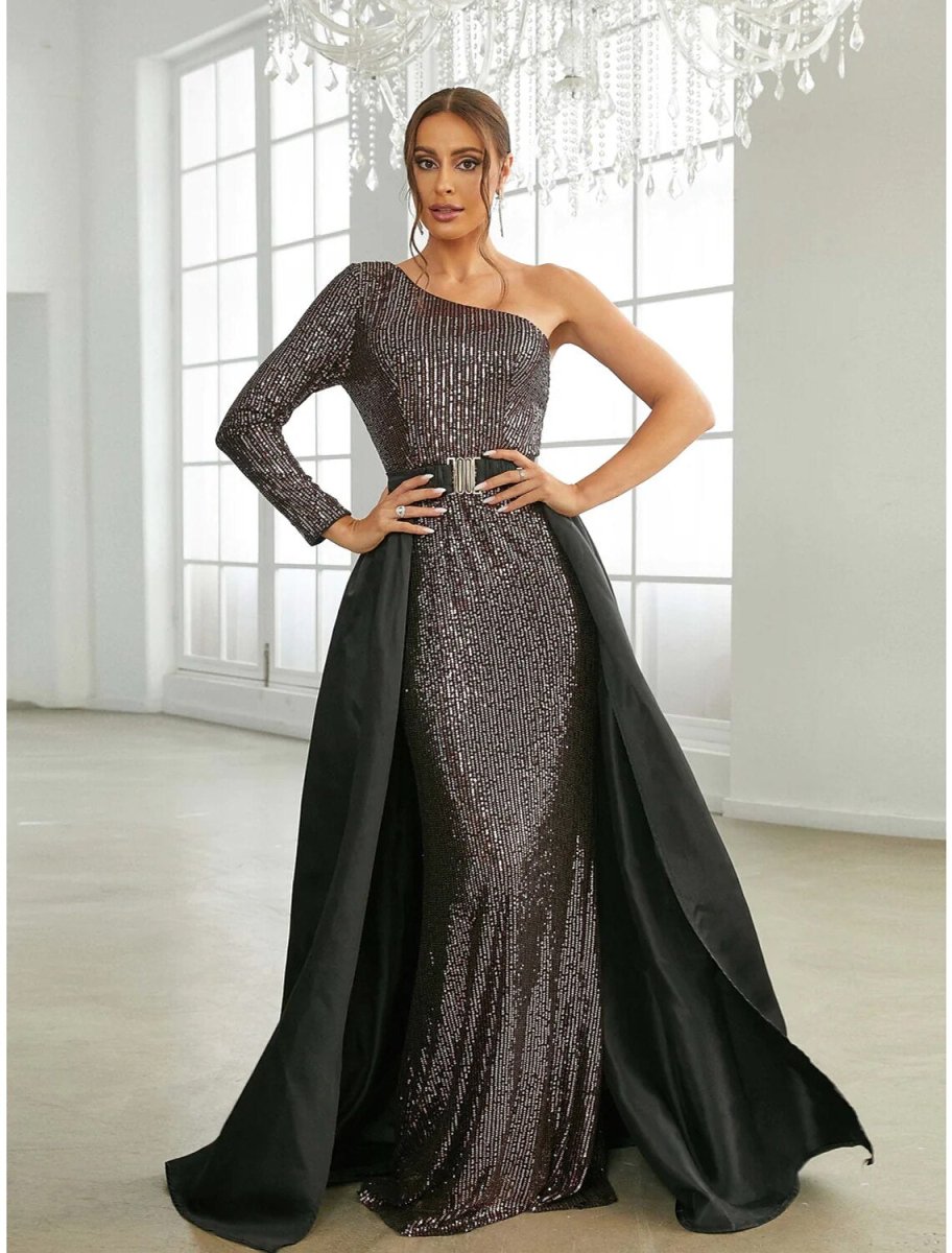 NumberSea - A - Line Evening Gown Elegant Dress Formal Sweep / Brush Train Long Sleeve One Shoulder Sequined with Glitter Pleats