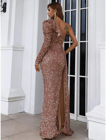 NumberSea - A - Line Evening Gown Elegant Dress Formal Sweep / Brush Train Long Sleeve One Shoulder Sequined with Glitter Ruched Slit