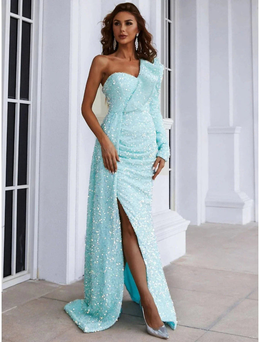 NumberSea - A - Line Evening Gown Elegant Dress Formal Sweep / Brush Train Long Sleeve One Shoulder Sequined with Glitter Ruched Slit