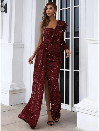 NumberSea - A - Line Evening Gown Elegant Dress Formal Sweep / Brush Train Long Sleeve One Shoulder Sequined with Glitter Ruched Slit