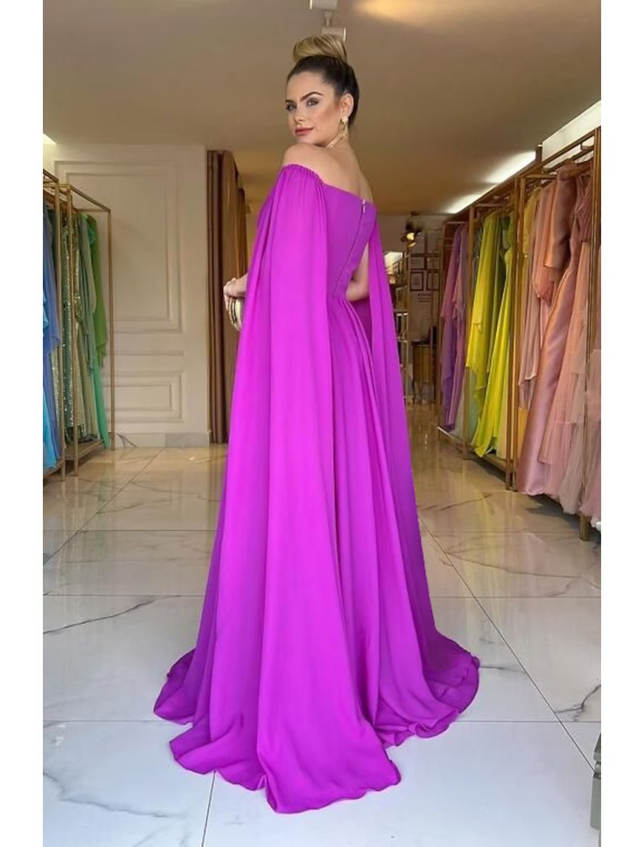 NumberSea - A - Line Evening Gown Elegant Dress Formal Sweep / Brush Train Sleeveless Off Shoulder Capes Chiffon with Pleats