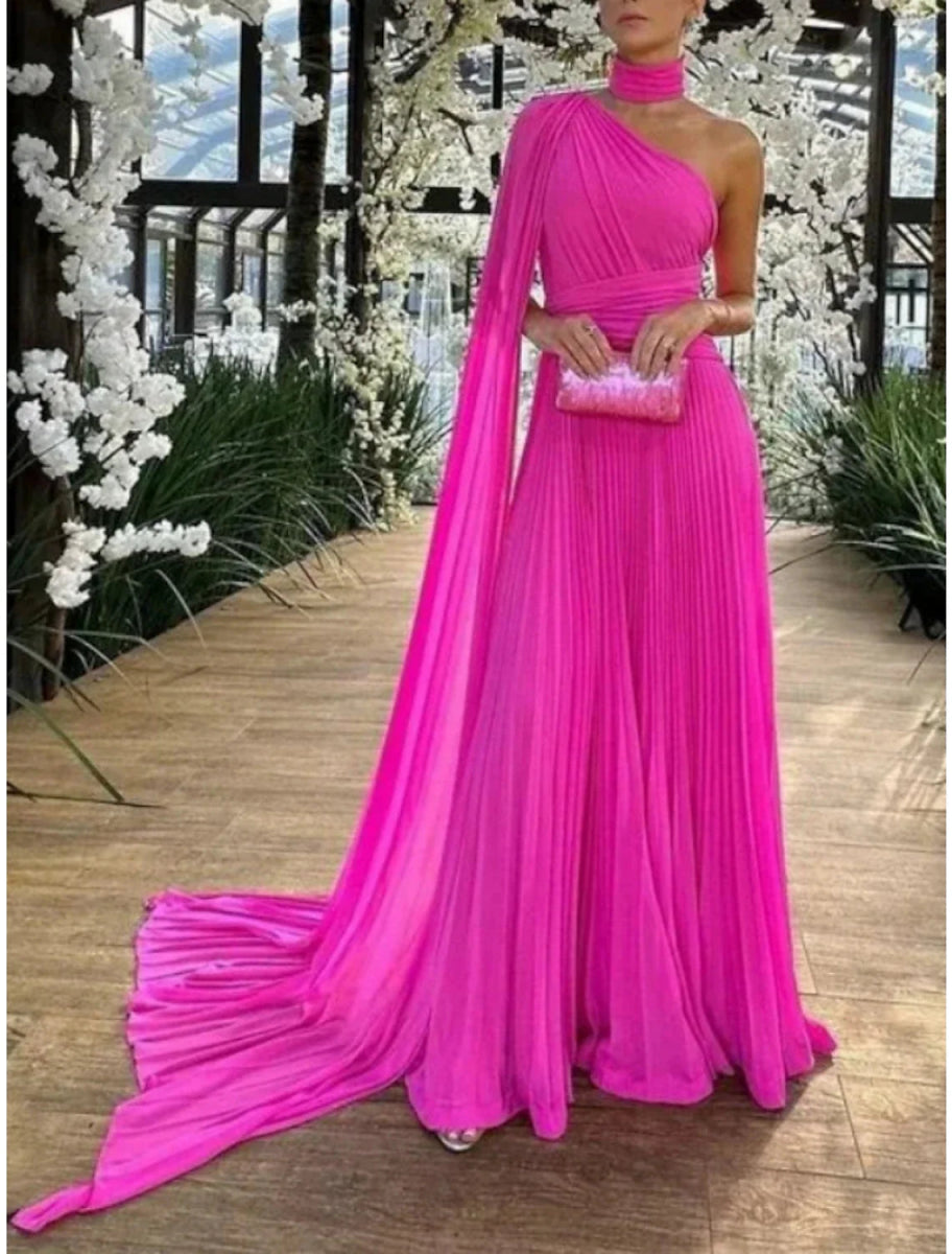 NumberSea - A - Line Evening Gown Elegant Dress Formal Sweep / Brush Train Sleeveless One Shoulder Chiffon with Pleats Ruched