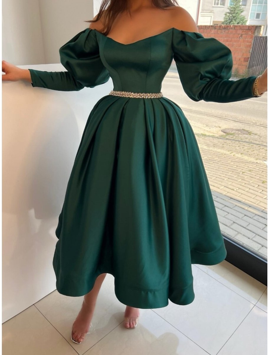 NumberSea - A - Line Evening Gown Elegant Dress Formal Tea Length Christmas Red Green Dress Long Sleeve Off Shoulder Satin with Pleats Crystals