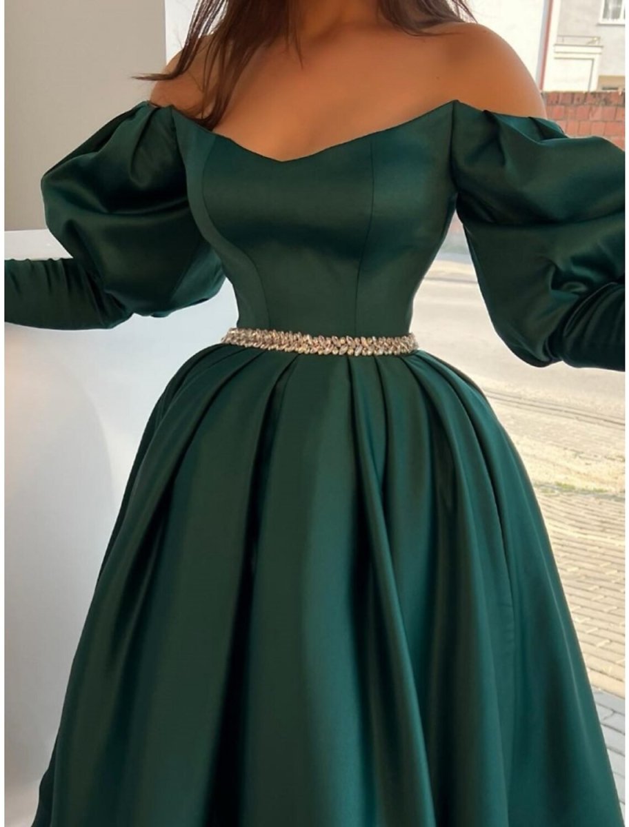 NumberSea - A - Line Evening Gown Elegant Dress Formal Tea Length Christmas Red Green Dress Long Sleeve Off Shoulder Satin with Pleats Crystals