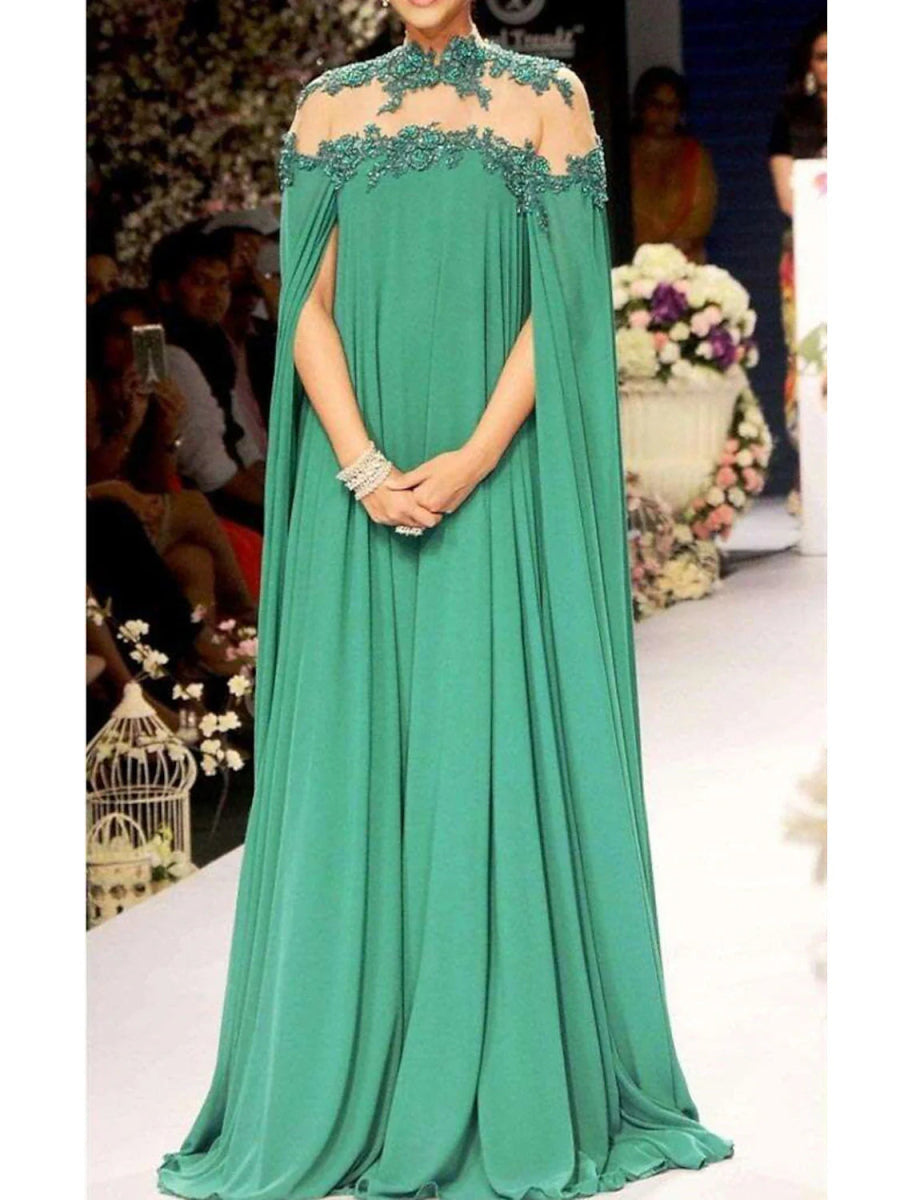 NumberSea - A - Line Evening Gown Elegant Dress Formal Wedding Guest Christmas Red Green Dress Floor Length Sleeveless High Neck Fall Wedding Guest Chiffon with Appliques Pure Color