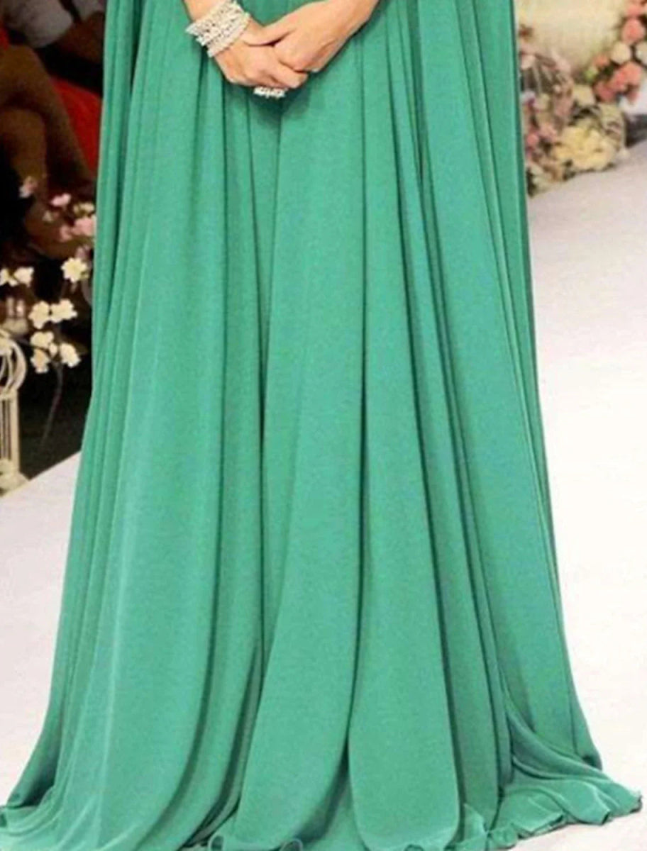 NumberSea - A - Line Evening Gown Elegant Dress Formal Wedding Guest Christmas Red Green Dress Floor Length Sleeveless High Neck Fall Wedding Guest Chiffon with Appliques Pure Color