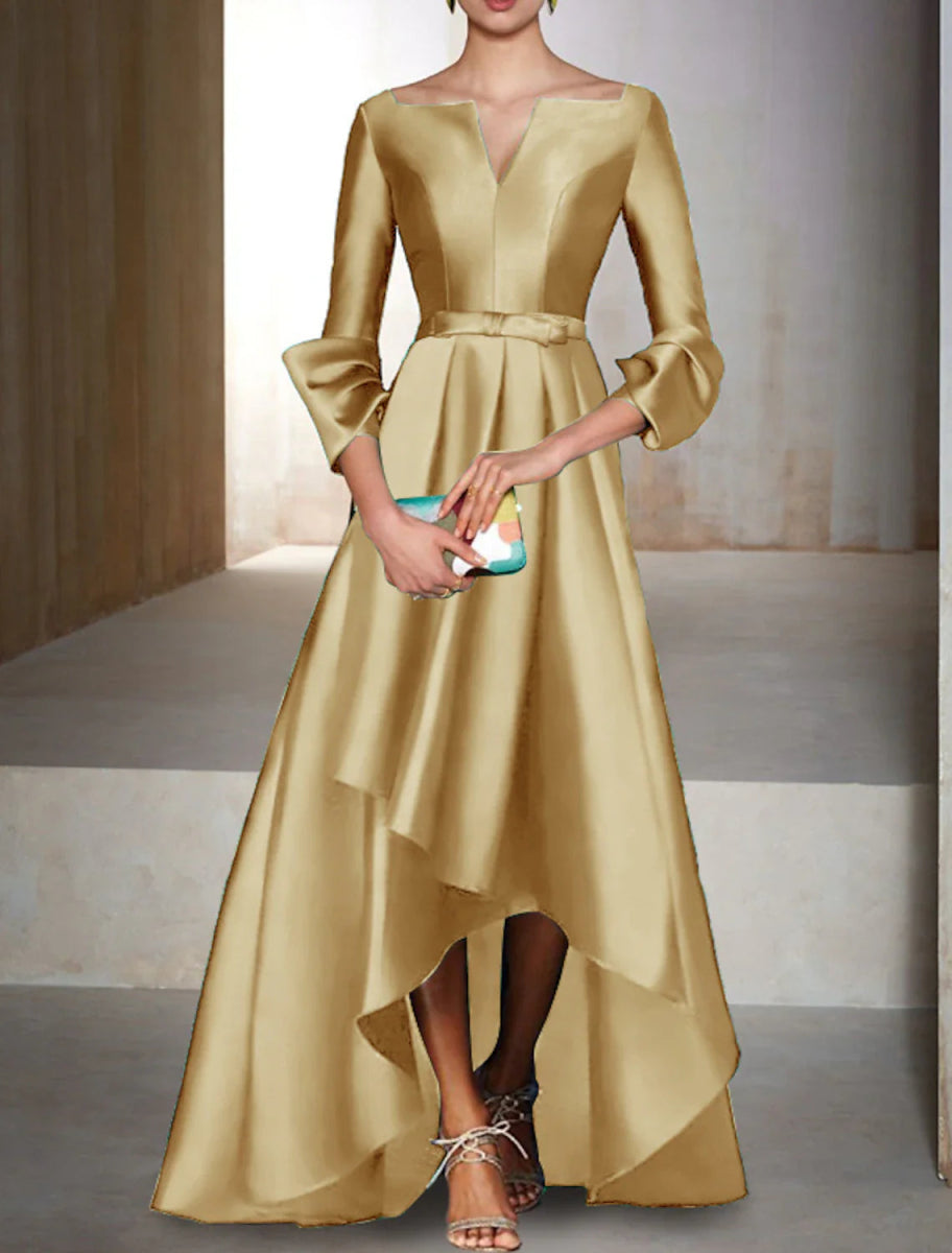 NumberSea - A - Line Evening Gown Elegant Dress Formal Wedding Guest Floor Length 3/4 Length Sleeve V Neck Satin with Bow(s)