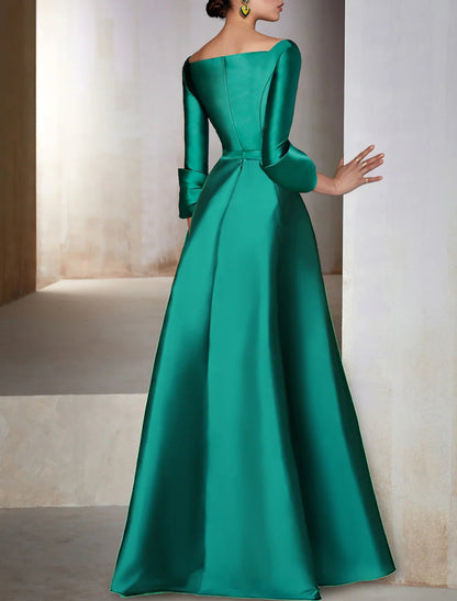 NumberSea - A - Line Evening Gown Elegant Dress Formal Wedding Guest Floor Length 3/4 Length Sleeve V Neck Satin with Bow(s)